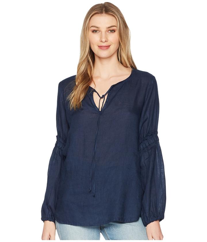 Allen Allen Tie Front Lantern Sleeve Top (lapis) Women's Long Sleeve Pullover