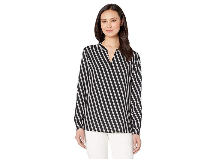 Anne Klein Pinstripe Printed Split-neck High-low Long Sleeve Blouse (anne Black/anne White) Women's Blouse