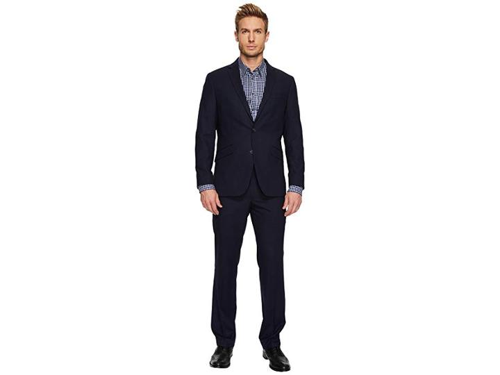 Kenneth Cole Reaction Flatiron Hustle Mini Check 32 Finished Bottom Suit (navy) Men's Suits Sets