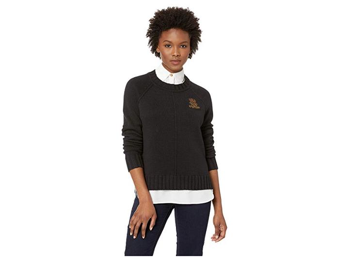 Lauren Ralph Lauren Petite Bullion-patch Layered Shirt (polo Black) Women's Clothing
