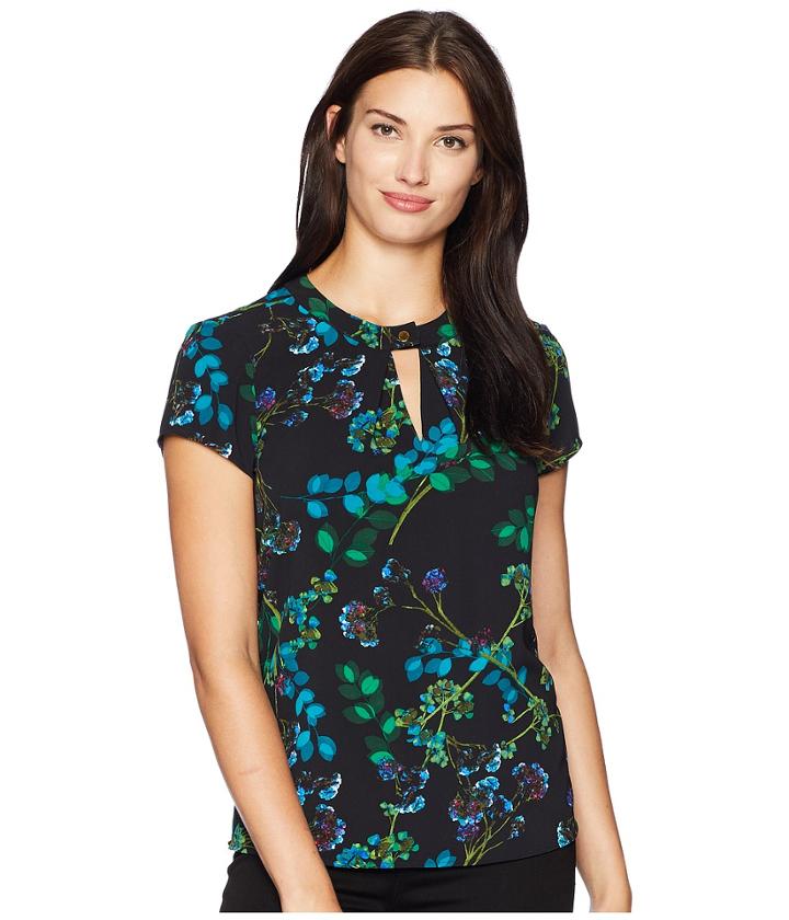 Calvin Klein Short Sleeve Woven Pullover Top (lagoon Multi) Women's Clothing