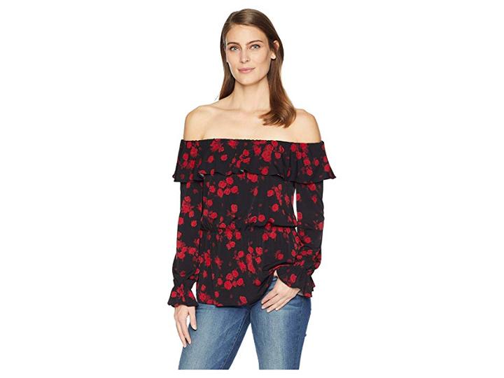 Michael Michael Kors Rose Off Shoulder Ruffle Top (black/red Currant) Women's Clothing