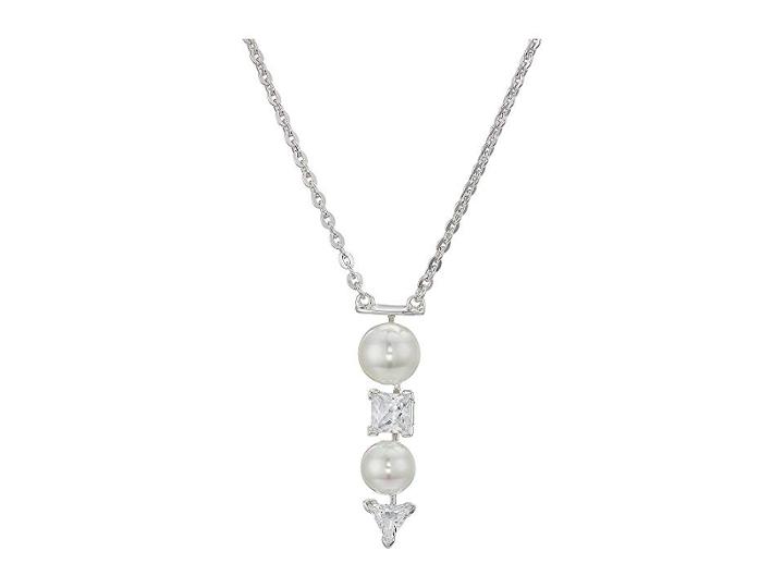 Majorica 7-8mm Round Pearls And Cz On Sterling Silver Pendant With Chain Necklace 15-17 (white) Necklace