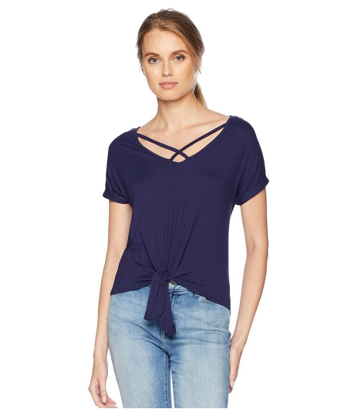 Pink Rose Short Dolman Sleeve V-neck High-low Top W/ Front Tie Crisscross (bellbottom Blue) Women's Clothing