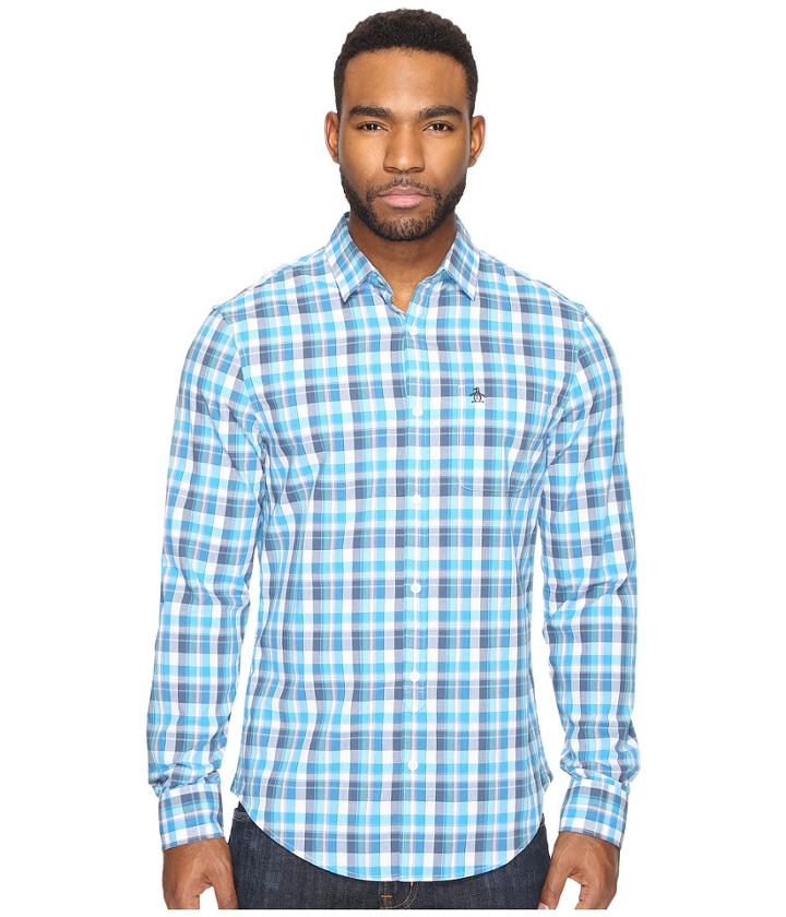 Original Penguin Long Sleeve P55 Jaspe Plaid (diva Blue) Men's Clothing