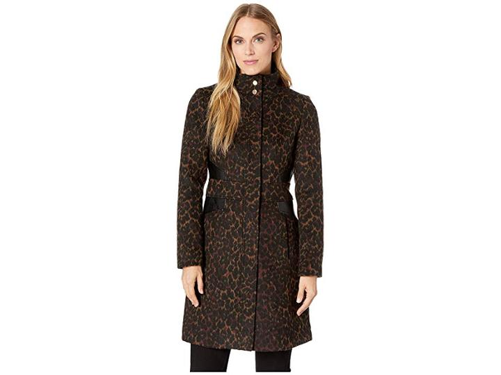 Via Spiga Leopard Stand Collar Wool Coat With Faux Leather Detail (wine Leopard) Women's Coat