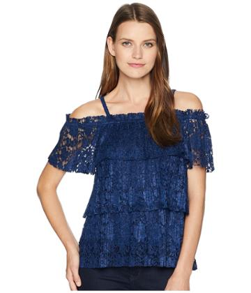 Eci Off Shoulder 3 Layer Ruffle Lace Top (navy) Women's Clothing