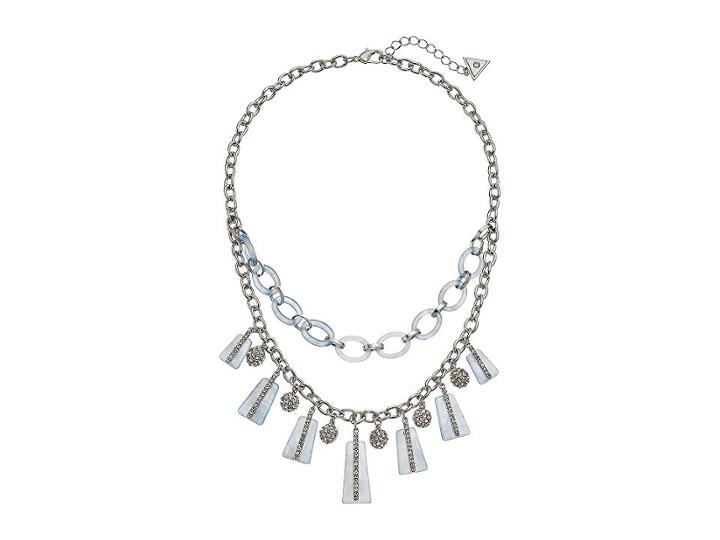 Guess Lucite And Chain Link With Drops Necklace (silver/blue) Necklace