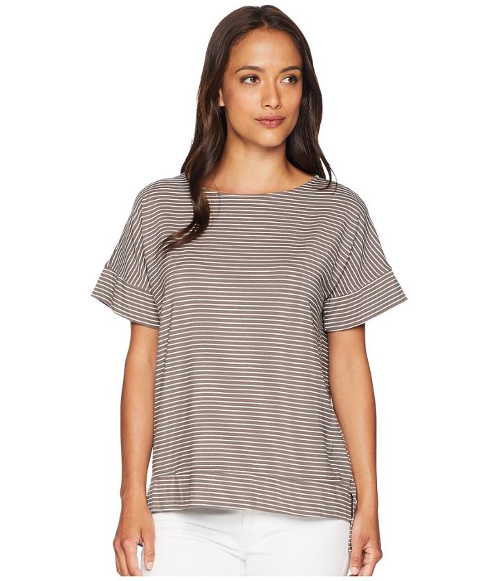 Fresh Produce Pinstripe Riley Top (portobello Brown) Women's Short Sleeve Pullover