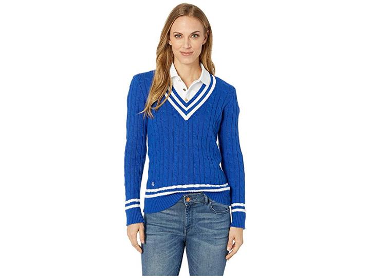 Lauren Ralph Lauren Cotton Cricket Sweater (blue Ocean/silk White) Women's Sweater