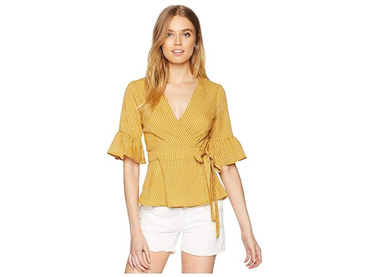 J.o.a. Ruffle Sleeve Wrap Top (mustard Stripe) Women's Clothing