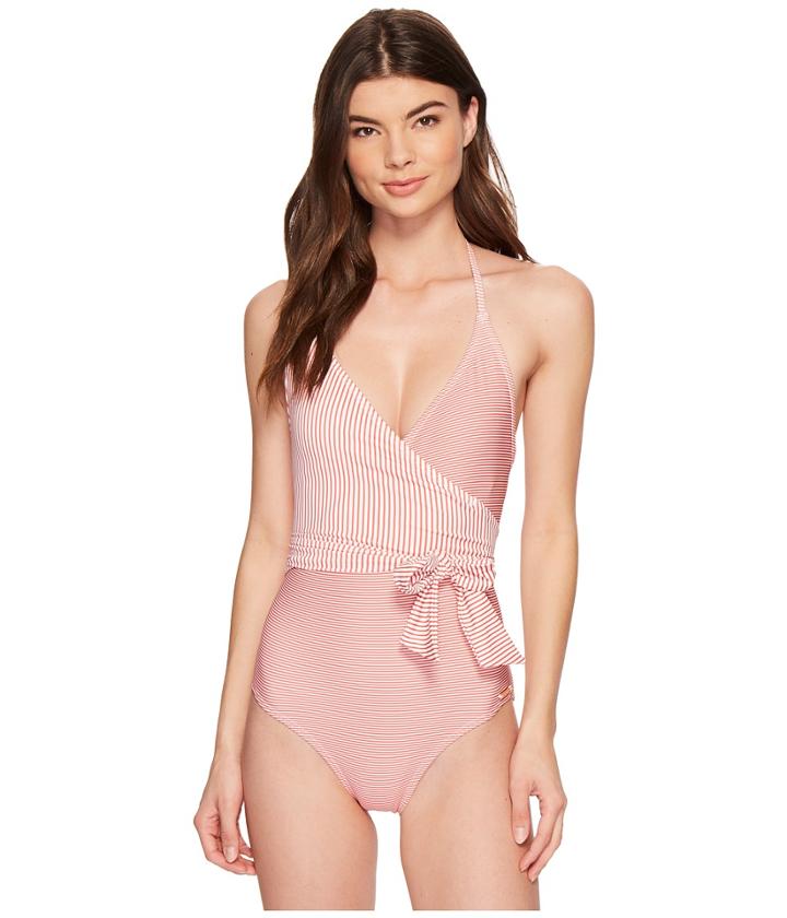 Vince Camuto Sailor Stripe V-neck Wrap Tie One-piece Swimsuit W/ Removable Soft Cups (papaya) Women's Swimsuits One Piece
