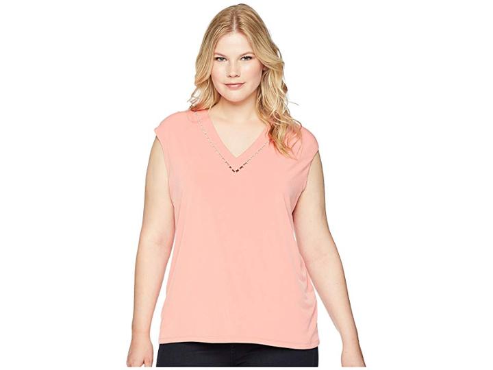 Calvin Klein Plus Plus Size Sleeveless V-neck Top W/ Pearl Detail (porcelain Rose) Women's Sleeveless