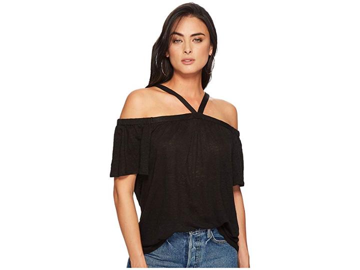 1.state Short Sleeve High Neck Cold Shoulder Knit Top (rich Black) Women's Clothing