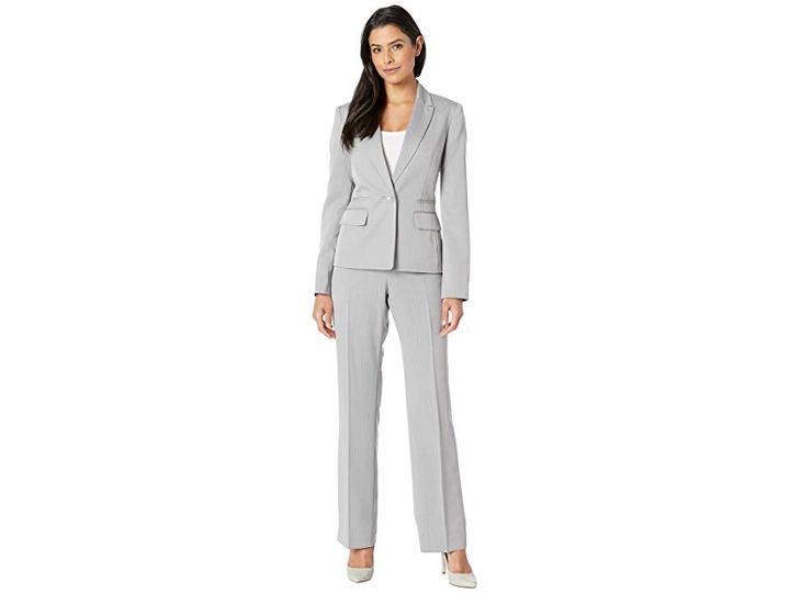 Le Suit Button Peak Lapel Herringbone Pants Suit (silver) Women's Suits Sets