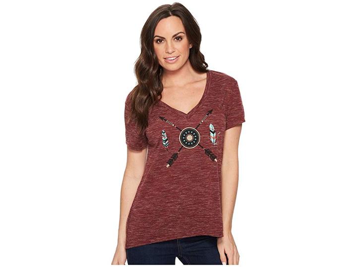 Roper 1428 Polyester Rayon Blend V-neck Top (wine) Women's Short Sleeve Pullover