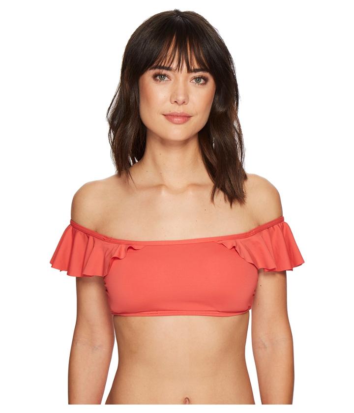 Vince Camuto Riviera Solids Ruffle Off The Shoulder Bikini Top W/ Removable Soft Cups Straps (papaya) Women's Swimwear