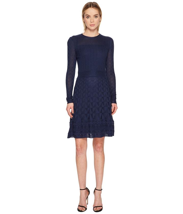 M Missoni Solid Knit Long Sleeve Dress (navy) Women's Dress