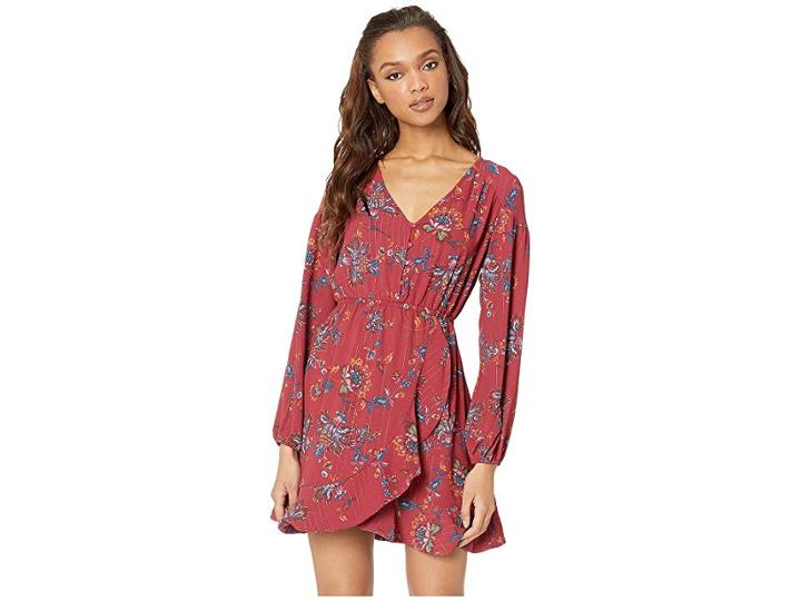 Miss Me Floral Sleeve Ruffle Trim Dress (red Wine) Women's Dress