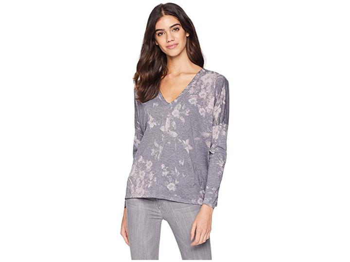 Chaser Vintage Jersey Relaxed Long Sleeve Double V Top (floral Print) Women's Clothing