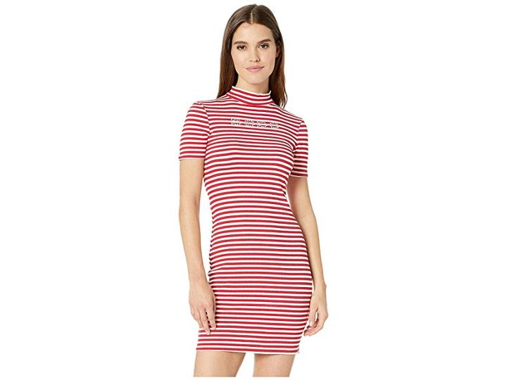Bebe Short Sleeve, Mock Neck Striped Logo Dress With V-back Detail (red/white) Women's Dress
