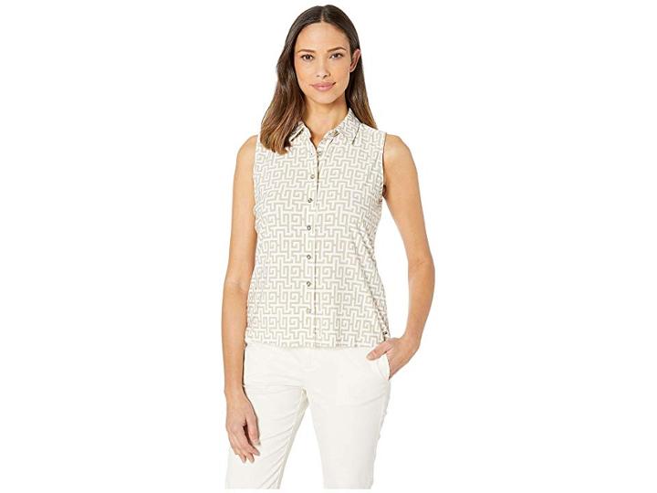 Tommy Hilfiger Geo Print Collared Button Front Knit Top (ivory/khaki) Women's Blouse