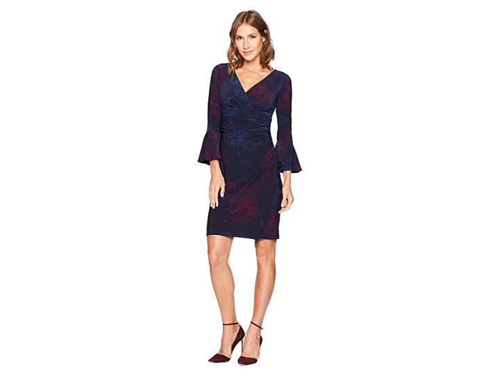 Lauren Ralph Lauren Joyous Floral Matte Jersey Elsietta 3/4 Sleeve Day Dress (lighthouse Navy/berry/porter Blue) Women's Dress