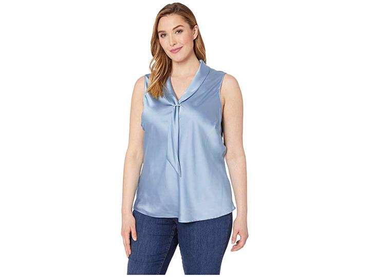 Tahari By Asl Plus Sze Short Sleeve Charmeuse Top W/ Sailor-tie Neckline (antique Blue) Women's Clothing