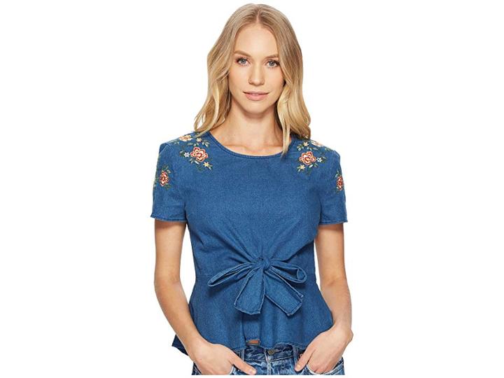 J.o.a. Embroidered Tie Front Top (chambray) Women's Clothing