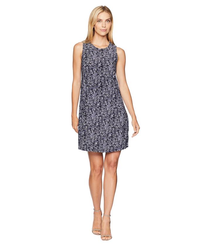 Anne Klein Printed U-neck Flared Trapeze Dress (black/eton Blue Combo) Women's Dress