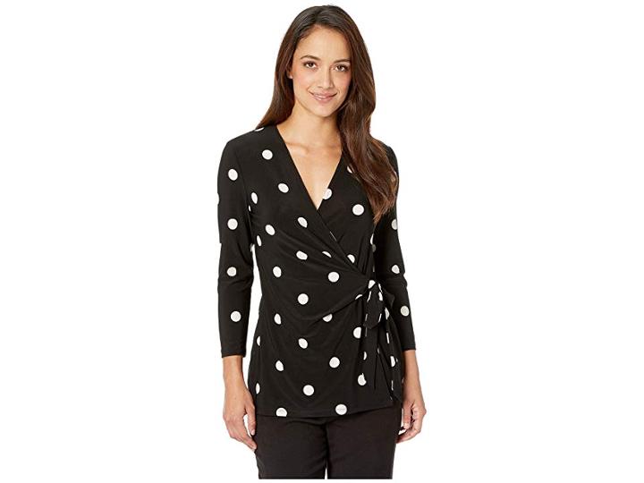 Anne Klein Medium Dot Print 3/4 Sleeve Wrap Top (anne Black/anne White) Women's Clothing