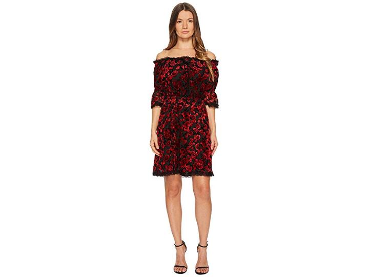 The Kooples Short Devore Silk Dress With Flowers (red) Women's Dress
