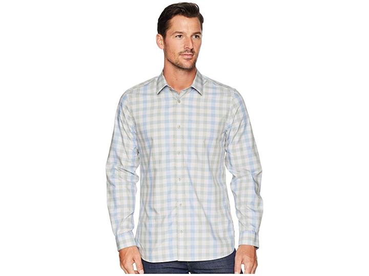 Calvin Klein Heather Melange Plaid Sport Shirt (clear Sky) Men's Clothing
