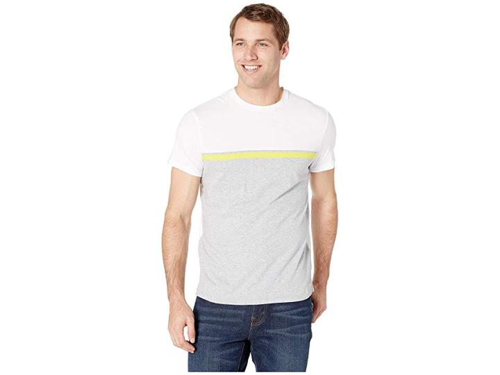 Calvin Klein Short Sleeve Front Panel Engineered Stripe Self Collar Crew Neck Tee (heroic Grey Heather Combo) Men's T Shirt