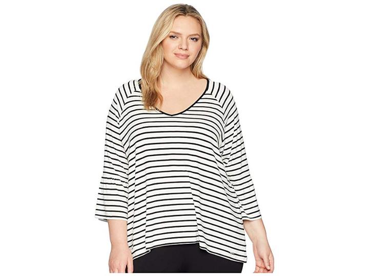 Calvin Klein Plus Plus Size Stripe V-neck W/ Flare Sleeve (white/black 1) Women's Short Sleeve Pullover