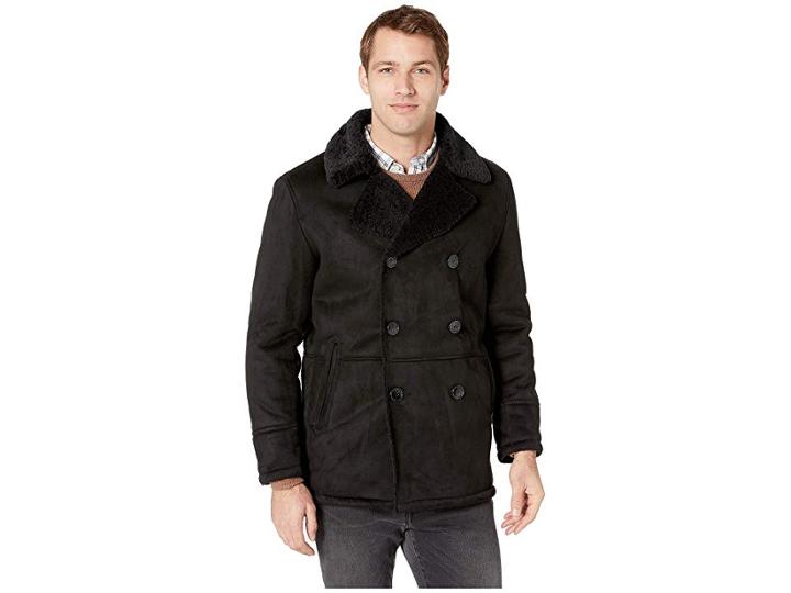 Kenneth Cole New York Double Breasted Faux Shearling Jacket W/ Notch (black) Men's Clothing