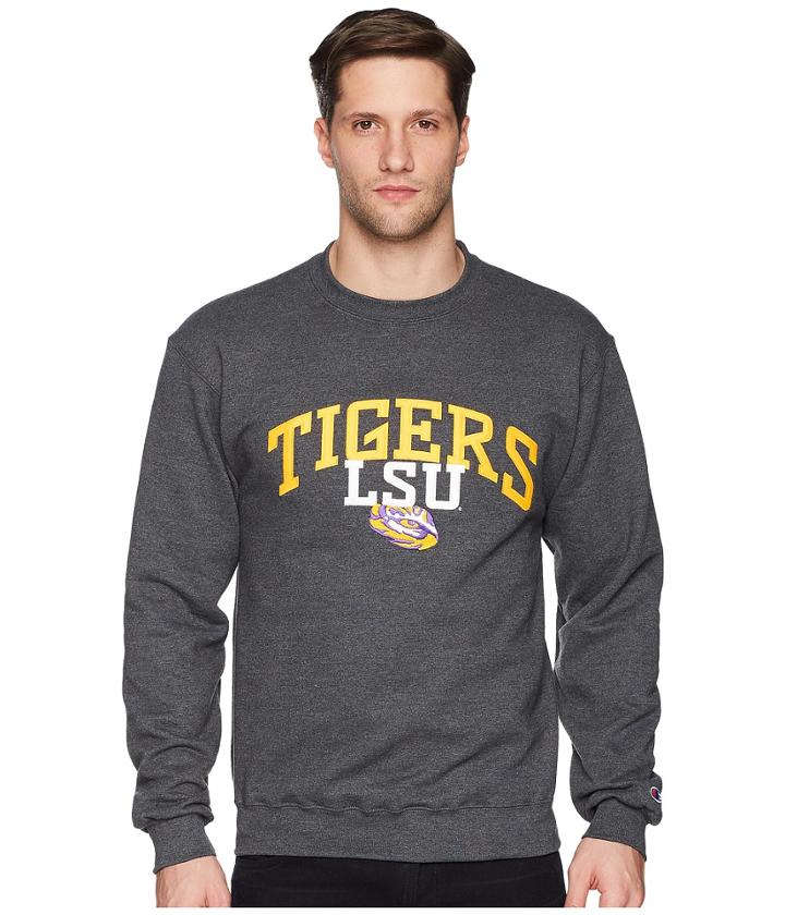 Champion College Lsu Tigers Eco(r) Powerblend(r) Crew (granite Heather) Men's Short Sleeve Pullover