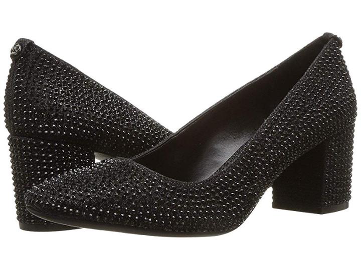 Michael Michael Kors Cher Flex Mid Pump (black/black/black Glitter Chain Mesh/hot Fix Stones) High Heels