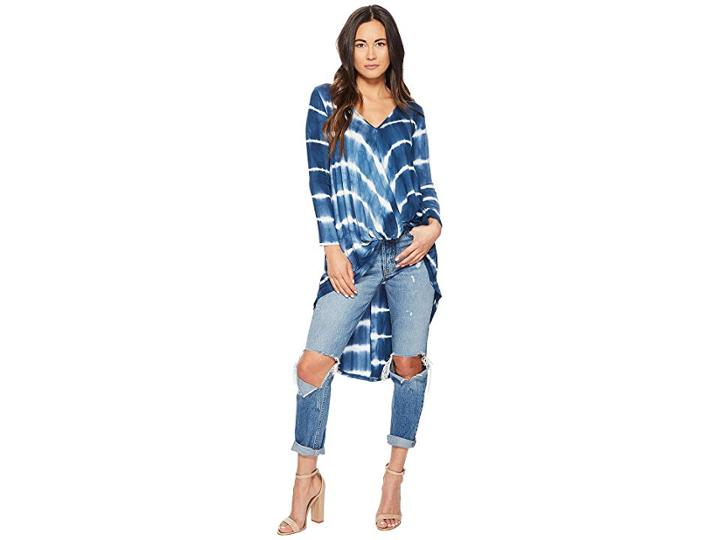 American Rose Sophie Long Sleeve Tie-dye Twisted Front Top (indigo/white) Women's Clothing