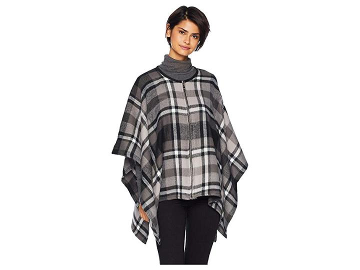 Steve Madden Tartan Plaid Woven Zip Cape (black/grey) Women's Clothing