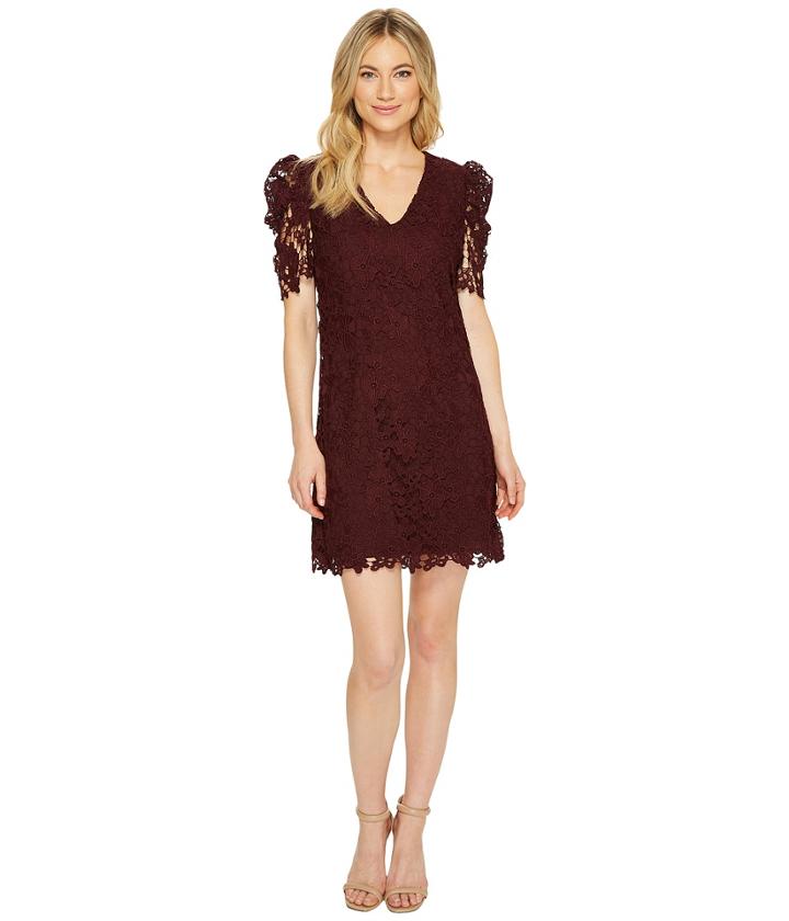 Donna Morgan V-neck Shift Dress With Puff Sleeve (wine Burgundy) Women's Dress