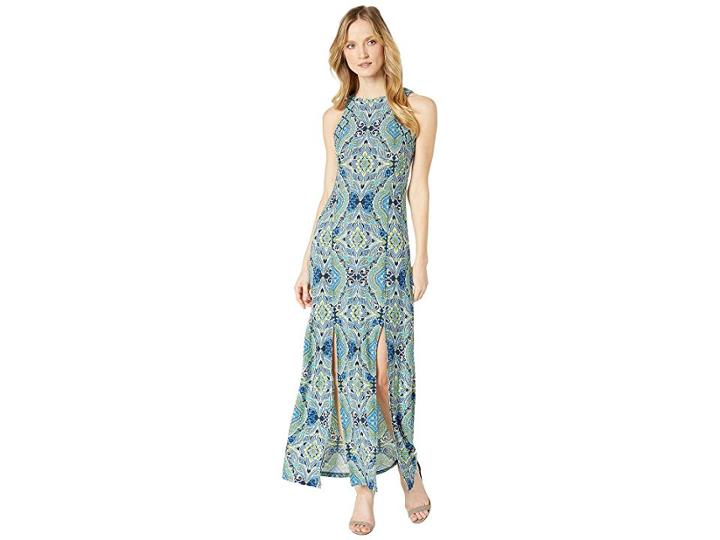 London Times Technicolor Tile Maxi Dress W/ Slits (green) Women's Dress