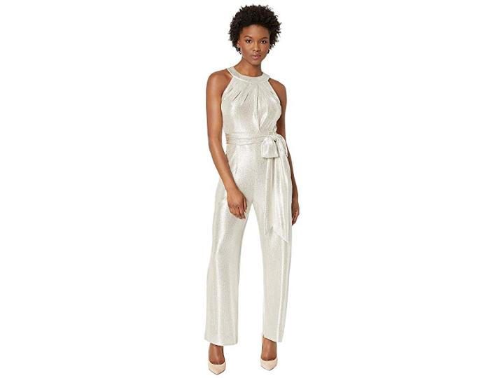 Tahari By Asl Petite Metallic Halter Neck Jumpsuit (ivory White/silver Grey) Women's Jumpsuit & Rompers One Piece