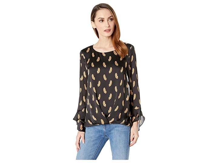 Vince Camuto Long Sleeve Flutter Cuff Paisley Fold Front Blouse (rich Black) Women's Blouse