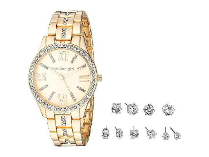 Steve Madden Madden Girl Stone Bracelet Watch And Stud Earrings Set Smgs021 (gold) Watches
