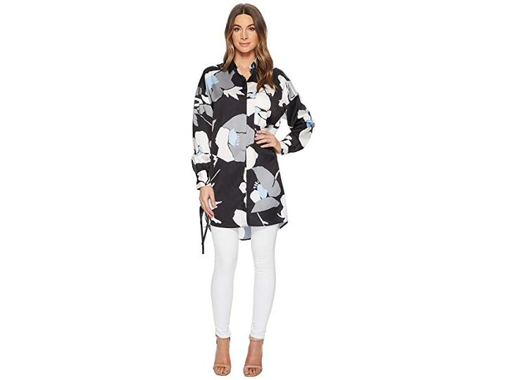 Catherine Catherine Malandrino Paulette Length 3/4 Sleeve Button Up W/ Grommet Details Tunic (oversized Floral) Women's Clothing