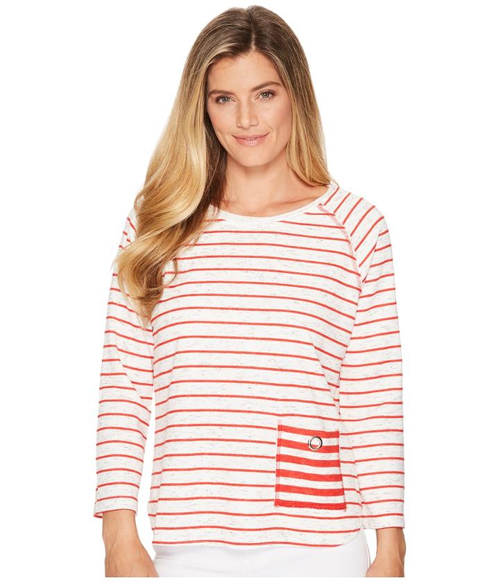 Elliott Lauren Raw Edge 3/4 Sleeve Top With Eyelet Pocket Detail (white/red) Women's Long Sleeve Pullover