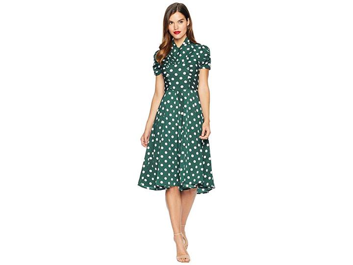 Unique Vintage 1940s Style Camilla Midi Dress (emerald Green/white Dot) Women's Dress