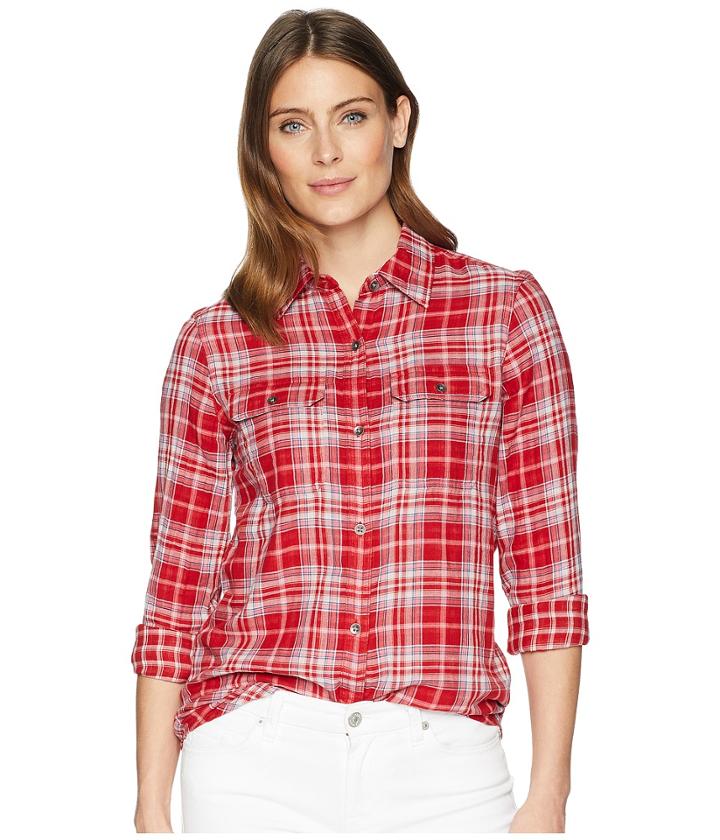 Chaps Cotton Long Sleeve Shirt (red Multi) Women's Clothing