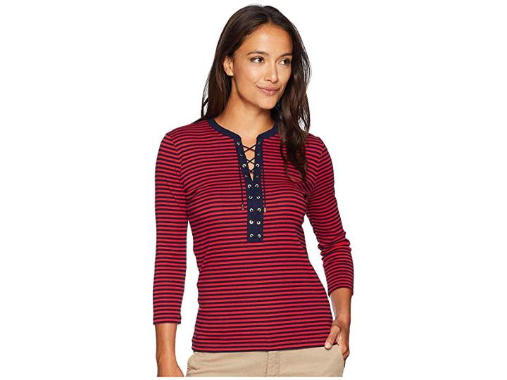 Lauren Ralph Lauren Petite Lace-up Striped Cotton Top (navy/crimson) Women's Clothing